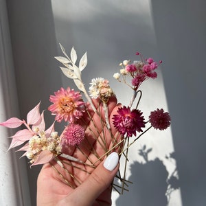 Boho gypsophila hair pin Rustic fuchsia pink wedding buttonhole Woodland dried boutonniere Vintage real dried flower Hair pins set pink