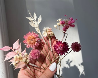 Boho gypsophila hair pin Rustic fuchsia pink wedding buttonhole Woodland dried boutonniere Vintage real dried flower Hair pins set pink