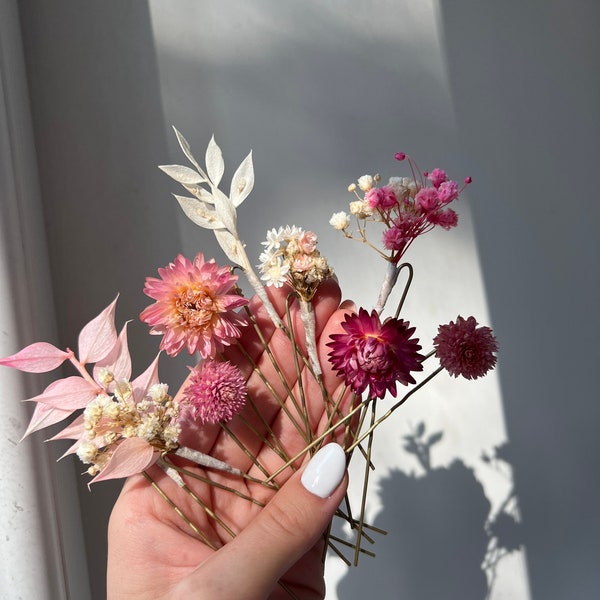 Boho gypsophila hair pin Rustic fuchsia pink wedding buttonhole Woodland séché boutonnière vintage vraie fleur séchée Épingles à cheveux ensemble rose