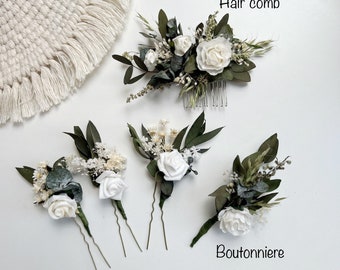 Romantic Greenery Hair pins Eucalyptus Rose Hair pins Off White rose Hair piece White & Green Hair comb Dried flower hair piece Rose