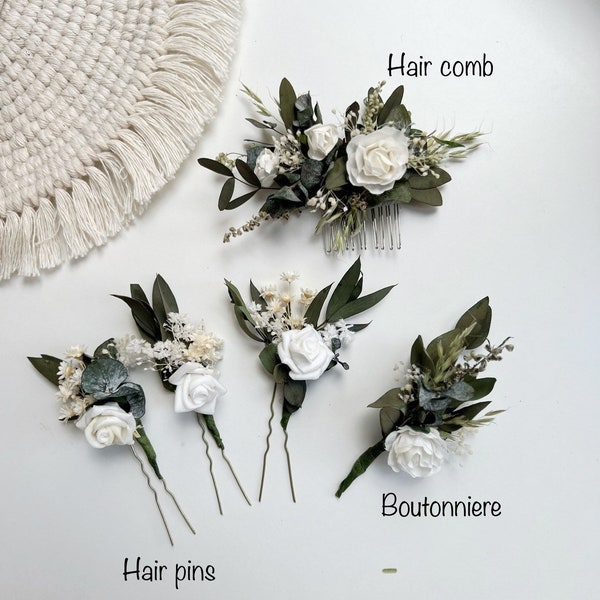 Romantic Greenery Hair pins Eucalyptus Rose Hair pins Off White rose Hair piece White & Green Hair comb Dried flower hair piece Rose