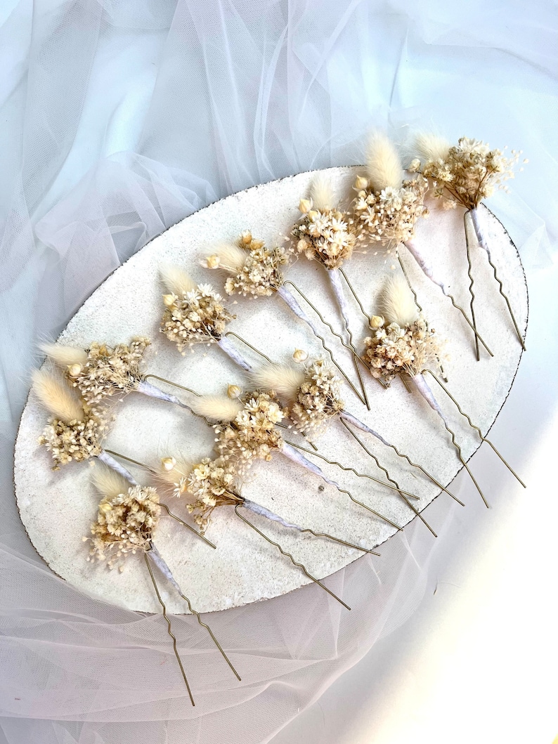 Épingles à cheveux fleurs séchées Boho blanc ivoire Épingles à cheveux fleurs de mariage Accessoires pour cheveux de mariée Postiche fleurs séchées Épingle à cheveux bohème herbe de pampa image 4