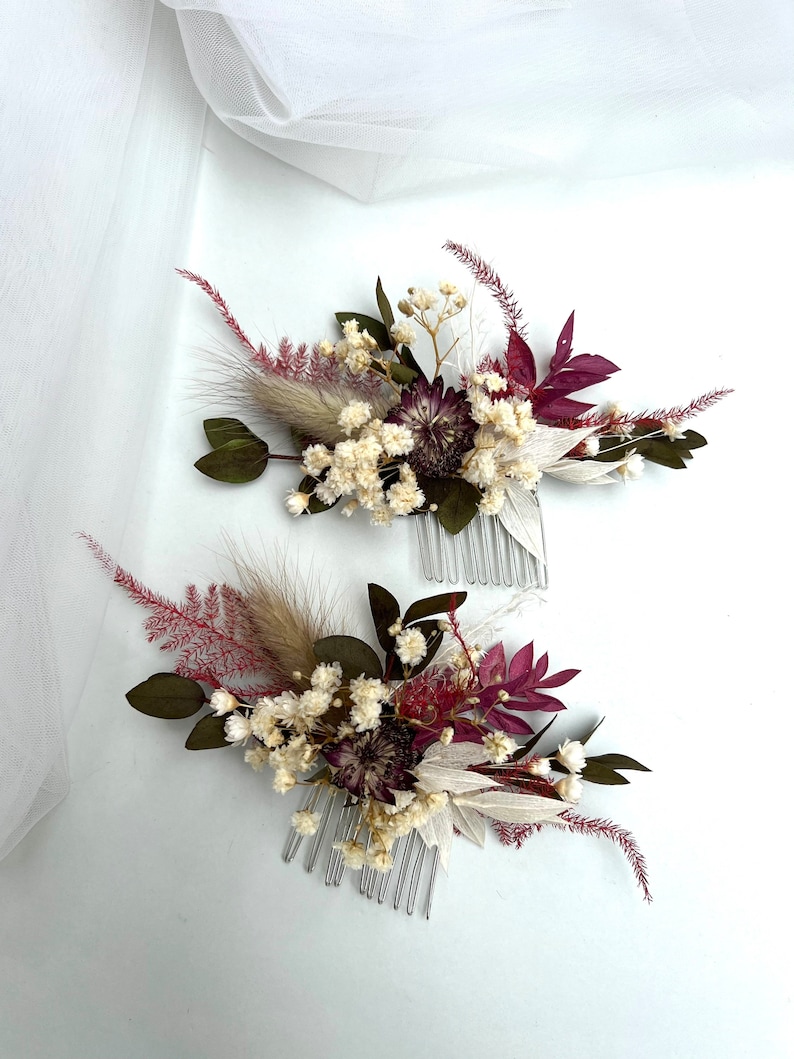 Burgundy dried flower hair comb Flowers hair accessory Autumn boutonniere Boho dried flower headpiece Rustic hair piece Burgundy boutonniere image 3