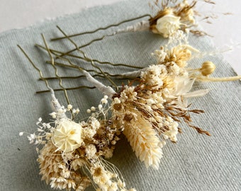 Épingles à cheveux de fleurs séchées Blanc ivoire Boho Épingles à cheveux de fleurs de mariage Accessoires de cheveux de mariée Postiche de fleurs séchées Herbe de la pampa Épingle à cheveux Boho