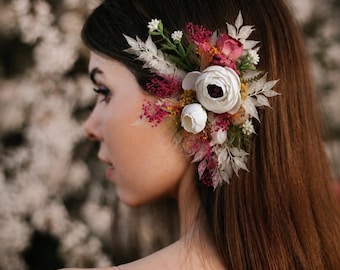 Flower ear cuff Wildflower wedding Hair clip Rustic Bridal Hair accessory Wedding flower ear cuff Pink ear cuff Climber Floral accessory