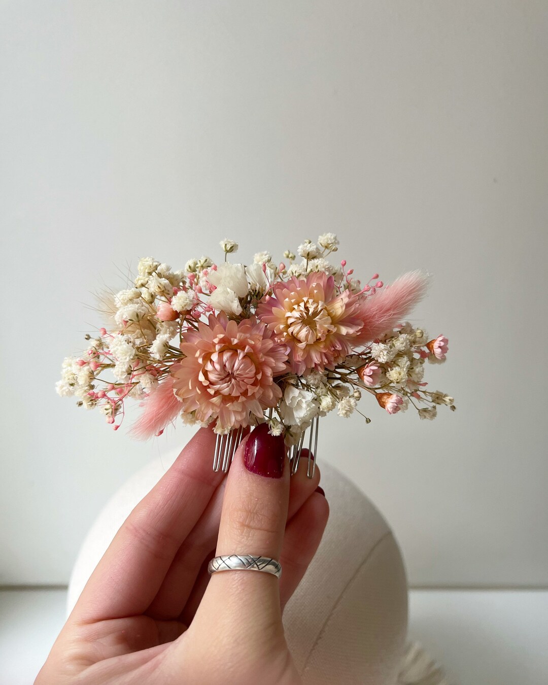 Dried Flower Pink Hairpiece Strawflower Hair Accessory Pampas Grass