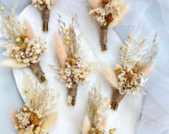 Rústico Boutonniere Boho Ramo de flores secas Ojal blanco Boda boho ramo Decoración de mesa Boutonniere prado Accesorios del novio