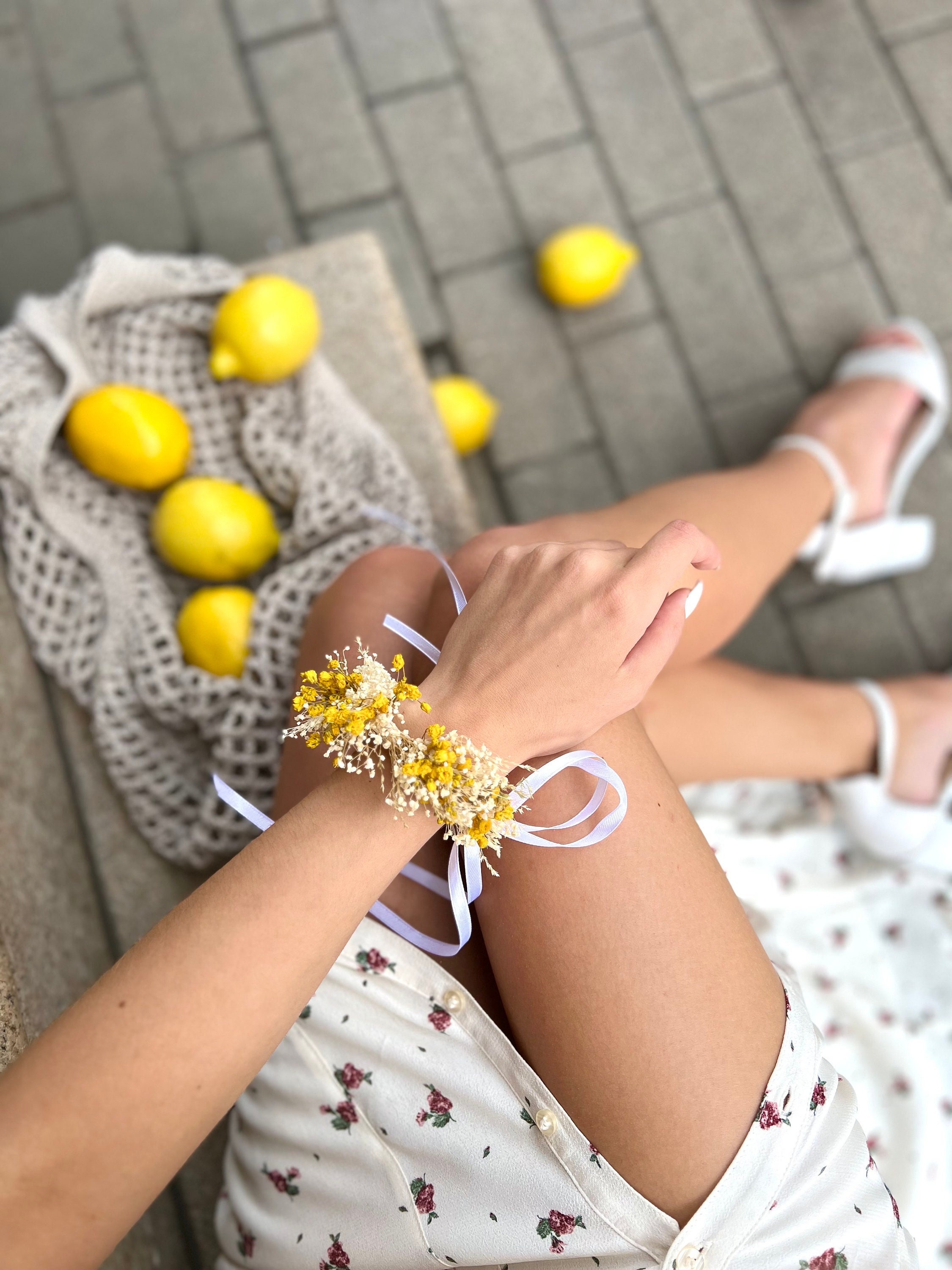 Braccialetto Elastico Floreale Colorato Per Donna: Fiori E Foglie Dipinti A Mano, Bracciale Grosso Oro, Gioiello Estivo - 5