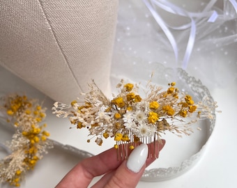 Peine de flores silvestres Flor amarilla pieza de cabello Peine de novia natural Accesorios de boda rústicos Peine amarillo de otoño vintage Pieza de otoño