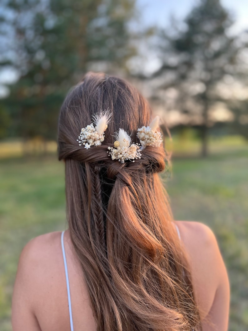 Épingles à cheveux fleurs séchées Boho blanc ivoire Épingles à cheveux fleurs de mariage Accessoires pour cheveux de mariée Postiche fleurs séchées Épingle à cheveux bohème herbe de pampa image 2