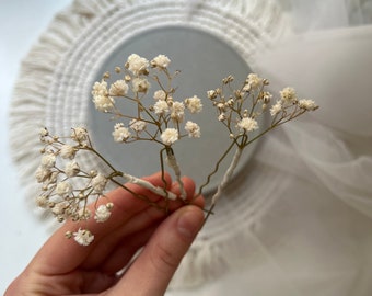 Flower hair pins Babys breath hair pins Gypsophila hair piece Dried flower hair accessory Rustic floral headpiece Bridal hair piece Boho