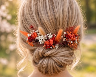 Terracotta Dried flower Hair pins Biho wedding accessories Brunt Hair clip Orange Red headpiece Rustic Terracotta Hair pins White Orange