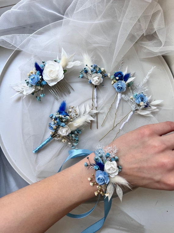 Accessoires cheveux coiffure mariage 1 lot de 5 épingles à chignon fleur à strass bleu roi