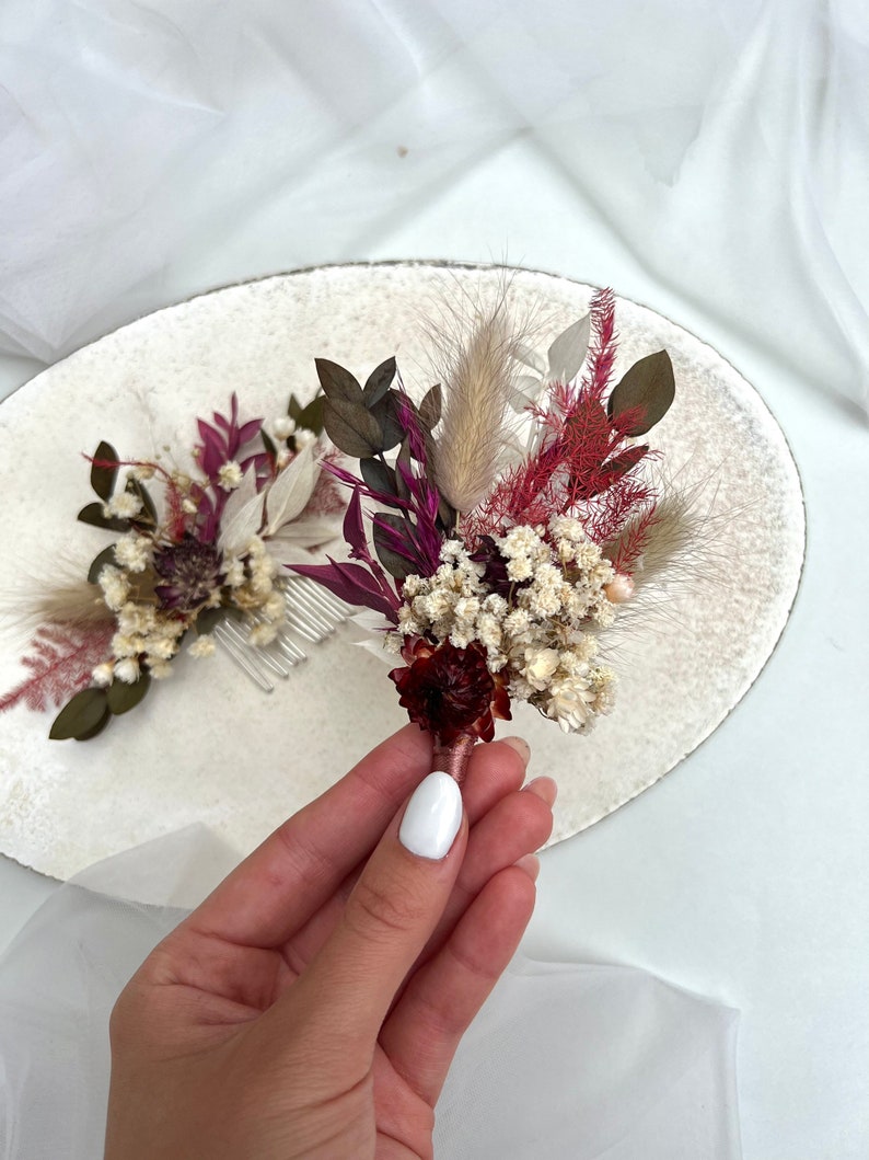 Burgundy dried flower hair comb Flowers hair accessory Autumn boutonniere Boho dried flower headpiece Rustic hair piece Burgundy boutonniere image 7