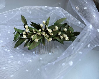 Eucalyptus Bridal Hair Dried Flower Comb Babys Breath Bridal hair Piece Green Dried Flower Wedding Hair Accessory Eucaluptys hair pins Boho