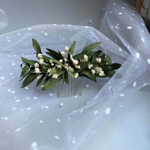 Eucalyptus Bridal Hair Dried Flower Comb Babys Breath Bridal hair Piece Green Dried Flower Wedding Hair Accessory Eucaluptys hair pins Boho