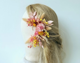 Flower ear cuff Yellow pink Bridal Hair accessory Wedding Bohemian accessory Climber Dried flower ear cuff Yellow haie piece Pink strawflow