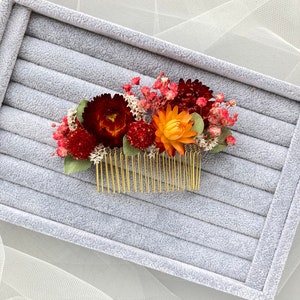 Autumn bridal comb Strawflower hair piece Dried flower hair accessory Rustic floral headpiece Orange Red Hair comb Fall orange hair piece