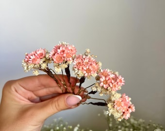 Nupcial rubor flor horquillas para el cabello Flor seca Marfil y rubor tocado Flor de la boda alfileres Hecho a mano Rosa polvoriento Alfileres para el aliento del bebé Nupcial pequeño