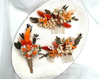 Peine de flores de boda de otoño Terracota Pelo nupcial Gypsophila Flor seca Accesorio para el cabello Accesorio de boda de otoño Peine de pelo nupcial Naranja