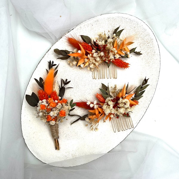 Autumn Wedding Flower comb Terracotta Bridal hair Gypsophila Dried flower Hair accessory Fall wedding accessory Bridal Hair comb Orange