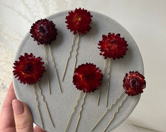 Burgundy flower pins Crown Strwflowers hair piece Dried flower hair accessory Boho headpiece Autumn wedding hair accessory Dark red pins