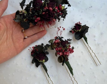 Black gothic wedding hair accessories Black Red flower Hair pins Brown comb Black Red Hair pins Black flower comb Dried rose Hair piece Boho