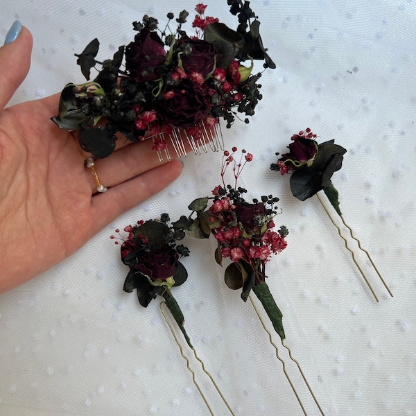 Black gothic wedding hair accessories Black Red flower Hair pins Brown comb Black Red Hair pins Black flower comb Dried rose Hair piece Boho