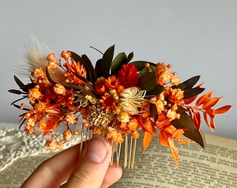 Peigne de mariée en terre cuite Mariage automne Brunt Accessoire pour cheveux Épingles à cheveux fleurs séchées Pièce de cheveux automne Boho Orange nuptiale de mariage rustique