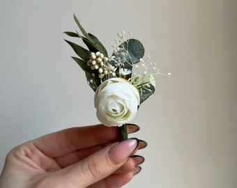 Groom’s boutonniere Green and white buttonhole White peony corsage for groom Greenery wedding boutonnière Dried flower boutonnière Woodland