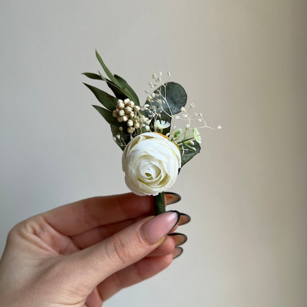 Groom’s boutonniere Green and white buttonhole White peony corsage for groom Greenery wedding boutonnière Dried flower boutonnière Woodland