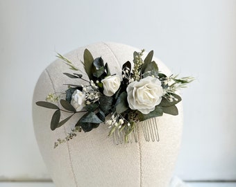 Eucalyptus Hair comb Dried hair comb Bridal flower comb Off White flower Hair piece White & Green Hair comb Dried flower hair piece Rose