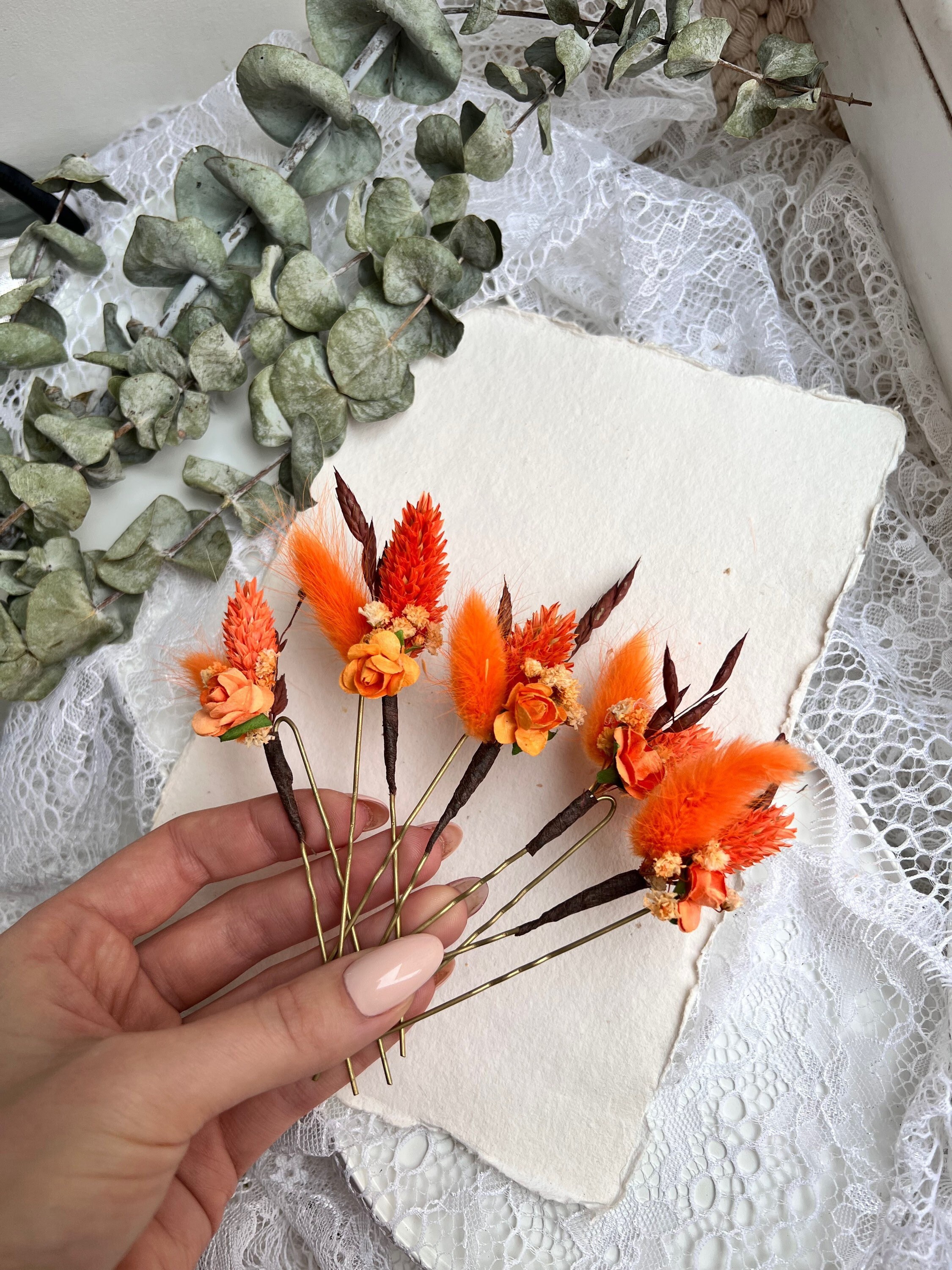 テラコッタ ヘアピン ドライフラワー フラワーヘアピン オレンジ