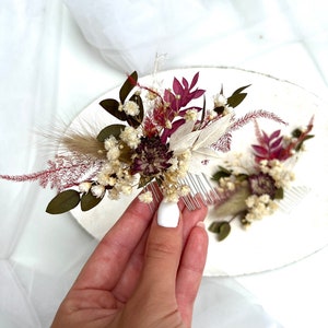 Burgundy dried flower hair comb Flowers hair accessory Autumn boutonniere Boho dried flower headpiece Rustic hair piece Burgundy boutonniere image 5