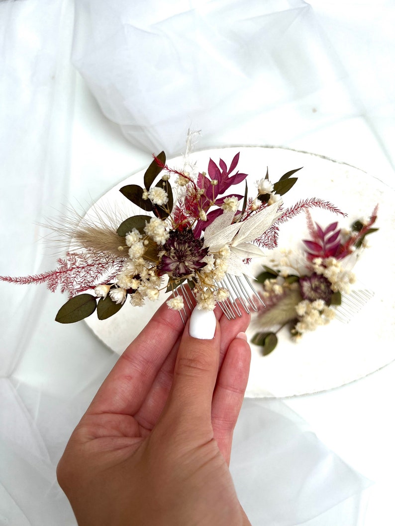 Burgundy dried flower hair comb Flowers hair accessory Autumn boutonniere Boho dried flower headpiece Rustic hair piece Burgundy boutonniere image 5