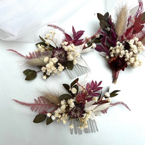 Burgundy dried flower hair comb Flowers hair accessory Autumn boutonniere Boho dried flower headpiece Rustic hair piece Burgundy boutonniere image 2