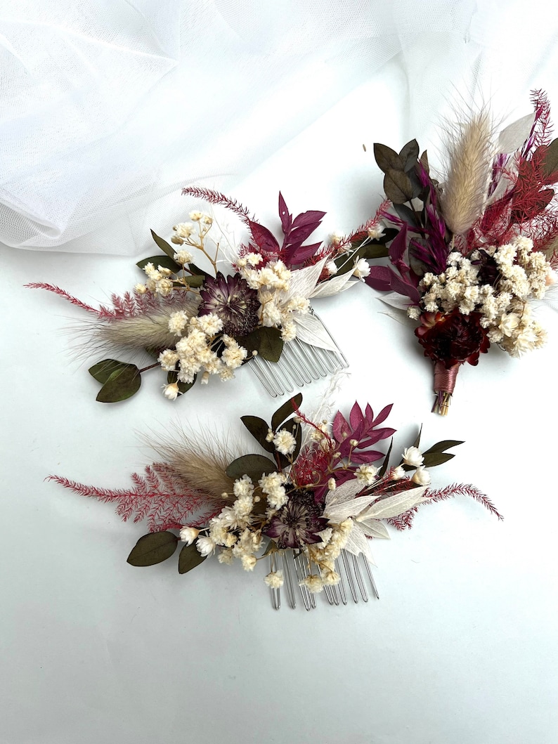 Burgundy dried flower hair comb Flowers hair accessory Autumn boutonniere Boho dried flower headpiece Rustic hair piece Burgundy boutonniere image 2