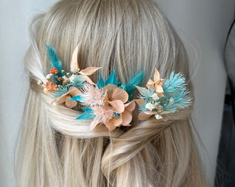 Coral turquoise hair pins Bridal flower hair pins Wedding peach headpiece Bridesmaid hair accessory Ocean style wedding hair piece Bohemian