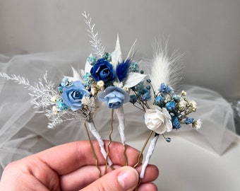 Dusty Blue hairpins White Blue Peony Hair pins Ocean blue hair piece Bridal wirst corsage Something Blue flower Bridesmaid Dried flower pins