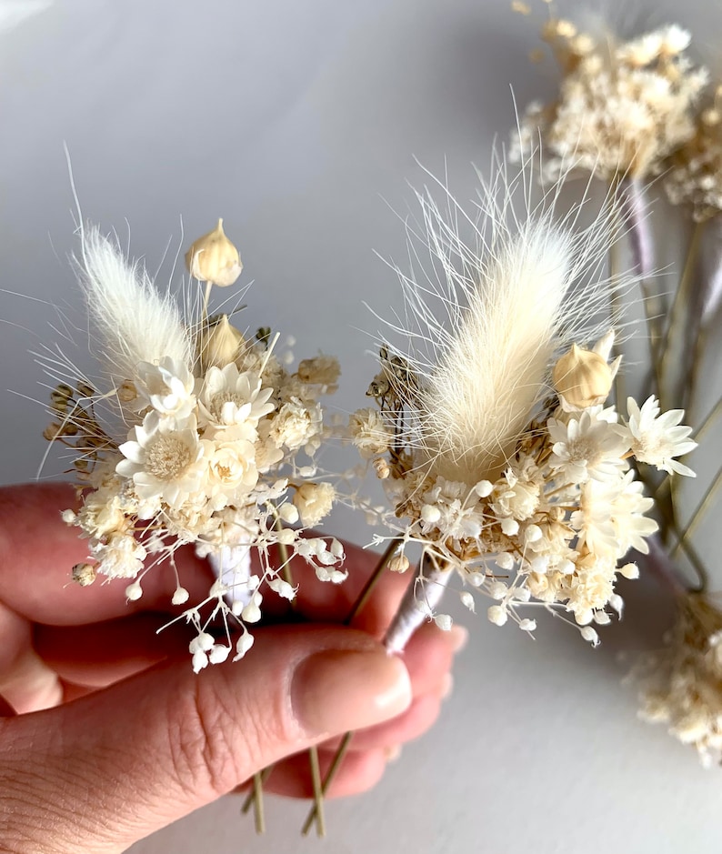 Épingles à cheveux fleurs séchées Boho blanc ivoire Épingles à cheveux fleurs de mariage Accessoires pour cheveux de mariée Postiche fleurs séchées Épingle à cheveux bohème herbe de pampa image 7