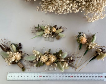 Greenery haarspelden Gedroogde bloem haarkam Groene bloem hsir accessoire Boho bruiloft zendspoel Greenery Boutonnière Rustieke bruiloft Groen ivoor