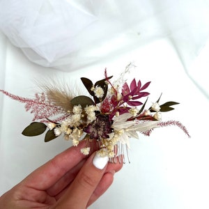 Burgundy dried flower hair comb Flowers hair accessory Autumn boutonniere Boho dried flower headpiece Rustic hair piece Burgundy boutonniere image 6