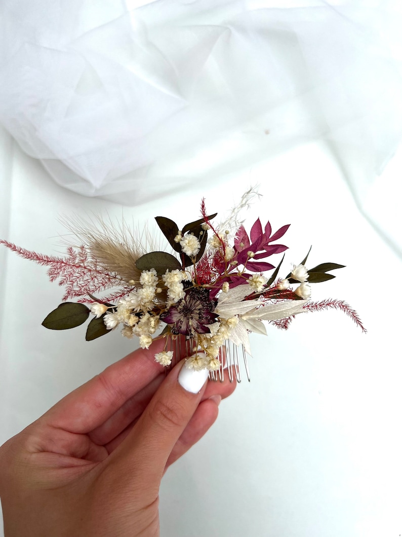 Burgundy dried flower hair comb Flowers hair accessory Autumn boutonniere Boho dried flower headpiece Rustic hair piece Burgundy boutonniere image 6