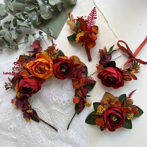 Burgundy flower crown Terracotta wedding wreath Rust Hair piece Bridesmaid flower bracelet Boho bordo wedding accessory Red boutonniere Red