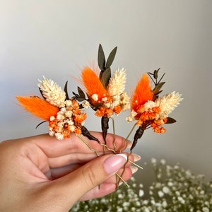 Orange dried flower hair pins Bridal terracotta hair pin Green brunt hair piece Greenery Eucalyptus Wedding dried flower hair pins Clips