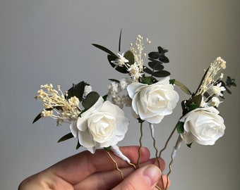 White rose Hairpiece Eucalyptus hair pins Babys breath hair pins Greenery hair piece White rose hair piece Dried flower hair accessory Boho