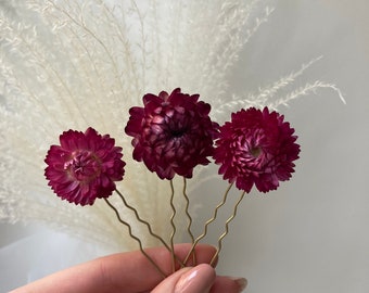 Dried flower hair pins Strwflowers hair piece Fuchsia Dried flower hair accessory Rustic headpiece Bridal hairpiece Dry flower hair pins set