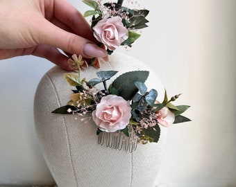 Eucalyptus hair comb Rose Pink Romantic dried flower comb Blush wedding hair comb Dried dusty pink rose hair comb Rustic wedding accessory