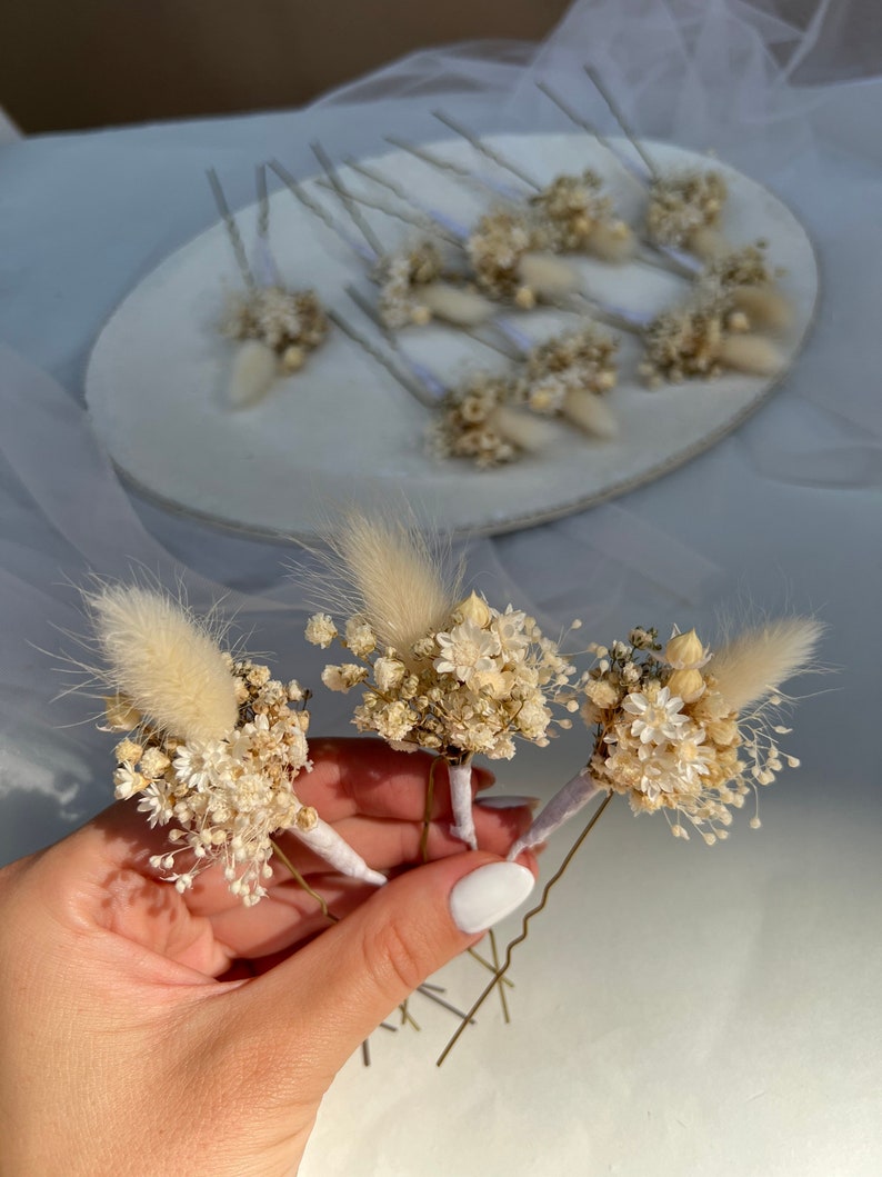 Épingles à cheveux fleurs séchées Boho blanc ivoire Épingles à cheveux fleurs de mariage Accessoires pour cheveux de mariée Postiche fleurs séchées Épingle à cheveux bohème herbe de pampa image 5