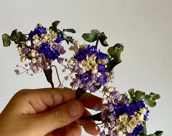 Eucalyptus Blue purple hair pins Babys breath hair pins Meadow green purple Dried flower hair accessory Rustic floral headpiece Boho wedding